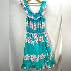 Vintage Hawaiian Maxi Dress 16 Aikane Tropical Floral Hibiscus Blue/Pink Ruffles